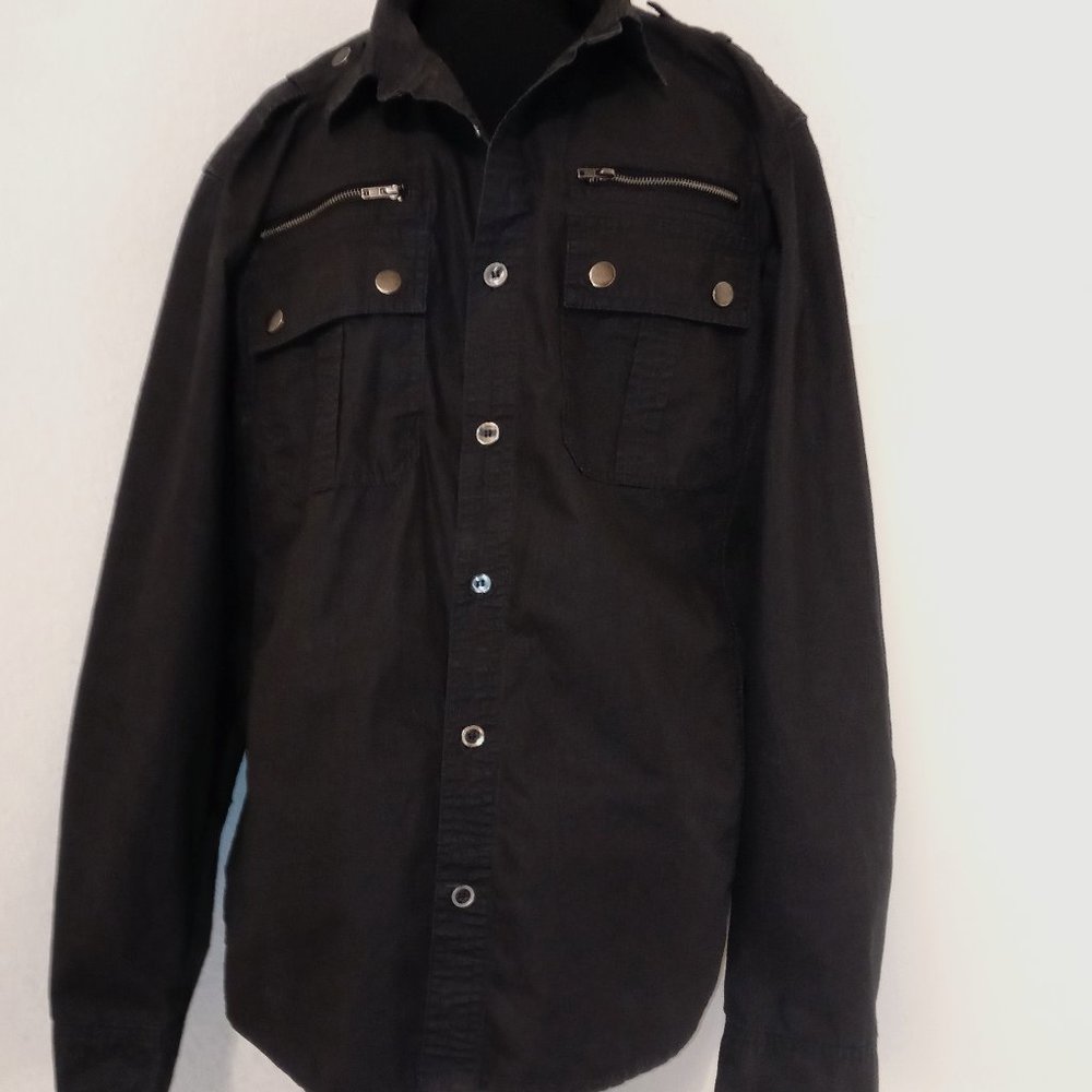 PD&C Men's Collared Long Sleeve Button Up Dark Gray Shirt Reinforced Elbow